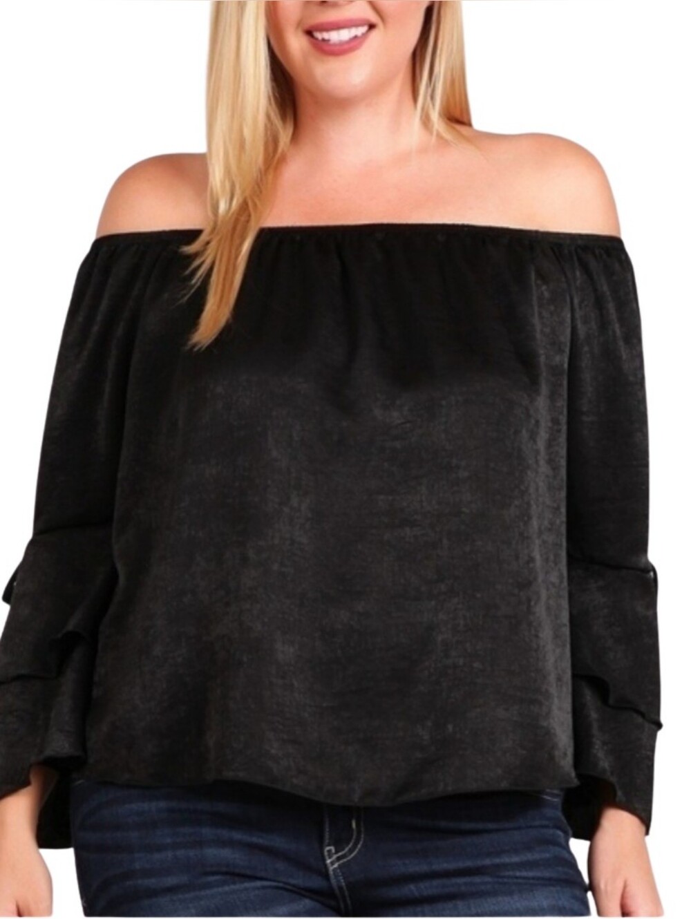 Black Off Shoulder Blouse Women's 1X Plus Size Bell Sleeve Tie Sleeve NWT